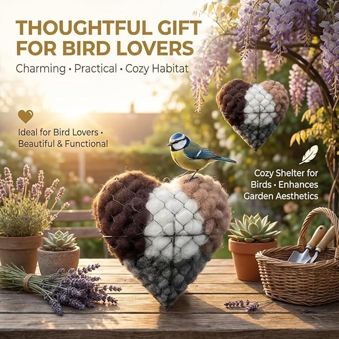 Handmade Alpaca Fiber Bird Nest Heart - Natural Nesting Material, Winter Nesting Material for Wild Birds and Hummingbirds | Garden Decoration, a Gift for Bird Lovers.
