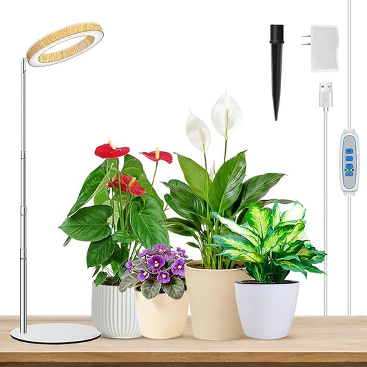 Aokrean Grow Lights for Indoor Plants, Full Spectrum Plant Lights for Indoor Growing with 6/12/16H Timer, 3 Optional Spectrums,5 Dimmable Levels, Height Adjustable 9.8"-37.4" Wood Grain Desk Grow Lamp