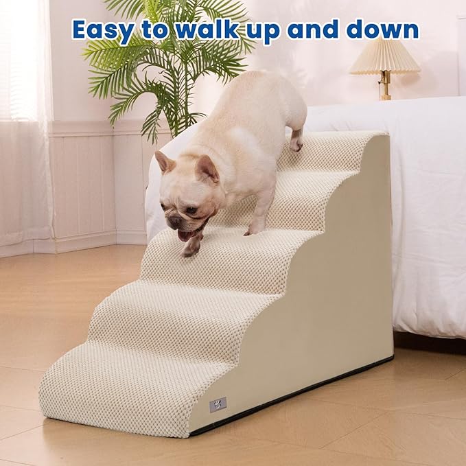 Airpanda 5 Step Dog Stairs for High Bed – Pet Steps for Small Dogs, Non-Slip Dog Ramp with Washable Cover, Pet Ladder for High Beds,Beige