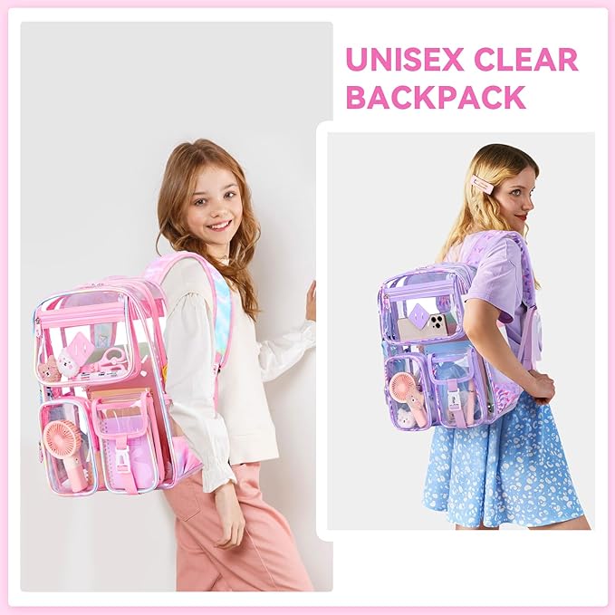 PIG PIG GIRL Clear Backpack for School,Heavy Duty PVC Transparent Bookbag for Girls Stadium Approved See Through Backpack