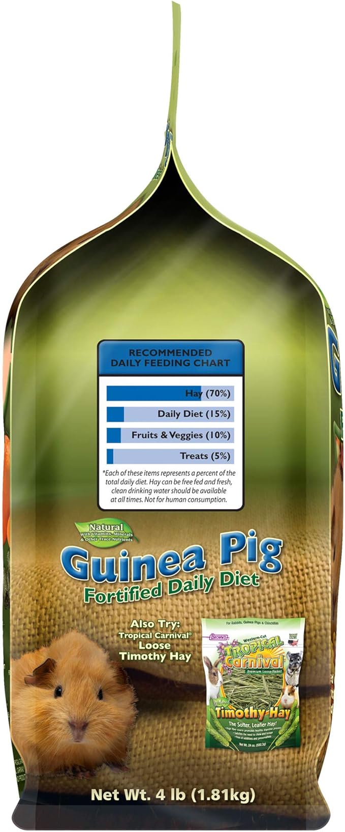 F.M. Brown's Tropical Carnival, Natural Guinea Pig Food, Vitamin-Nutrient Fortified Daily Diet with Vitamin C and High Fiber Alfalfa and Timothy Hay Pellets for Optimum Digestion, 4 lb