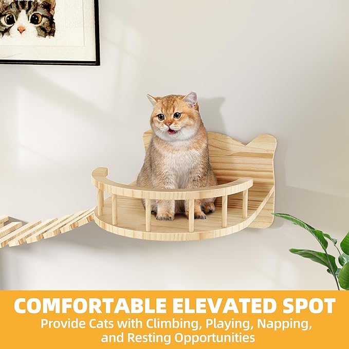 18-in-1 Cat Wall Shelves, Solid Wood Cat Furniture for Wall, Floating Cats Wall Shelves Set, Multi-Level Cat Climbing Wall Systems with Scratching Post & Tunnel, Floor Space-Saving, Burlywood