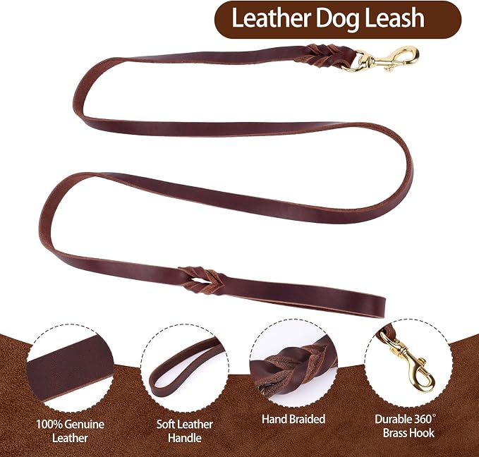 Leather Dog Collar and Leash Set, 6FT Heavy Duty Leather Training Leash with Adjustable Dog Collar, Soft and Durable Dogs Leashes and Collars Set for Small Medium Large Dogs (Brown, L)