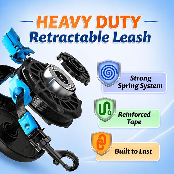 16.4 ft Retractable Dog Leash for Dogs 10–120 lbs - Heavy Duty Tape Leash with Strong Nylon Tape - 360° Swivel Control - One-Click Brake & Lock - Ergonomic Non-Slip Grip for Safe & Easy Daily Walks