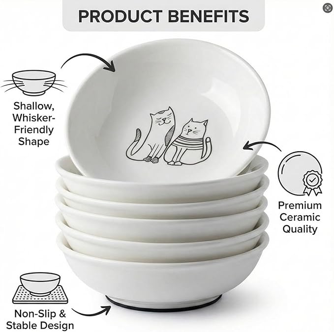 6 PCS Cat Bowls,Cat Food Bowl,Anti Whisker Fatigue Ceramic Cats Dishes for Indoor Cats,Shallow Wide Kitten Plates for Wet & Dry Food and Water,Non-Slip Silicone Base (Cute Drawing cat)