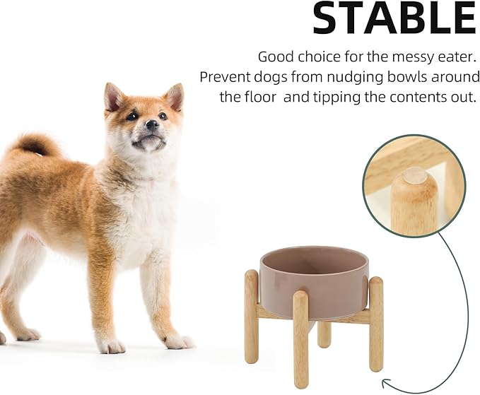 Havniva Ceramic 6.1inch Raised Dog Bowl with Stand for Small and Medium Dog Dish Pet Food and Water Bowl (Single Bowl with Stand - Brown Coffee)