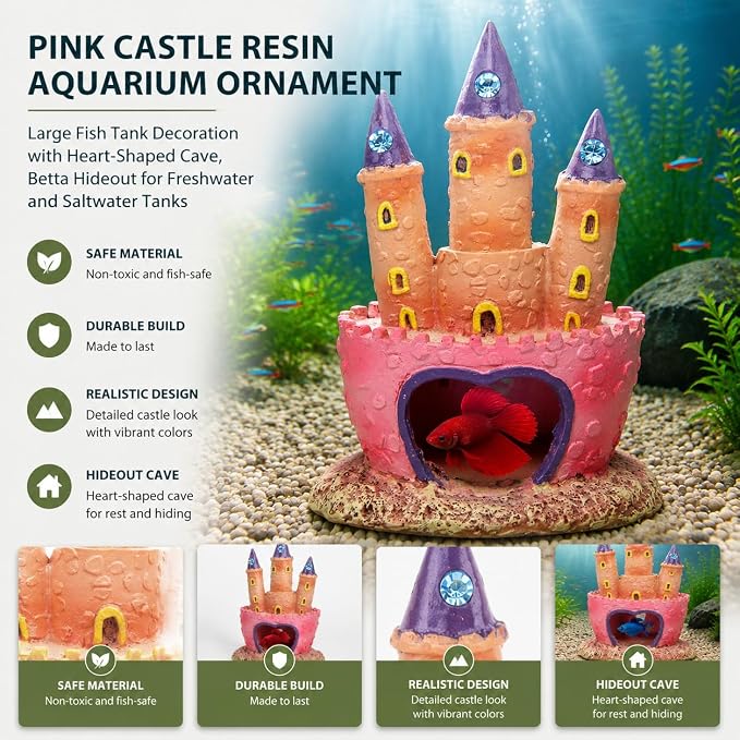 Pink Castle Resin Aquarium Ornament, Large Fish Tank Decoration with Heart-Shaped Cave, Betta Hideout for Freshwater and Saltwater Tanks