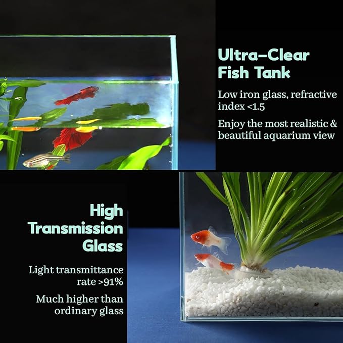 LAQUAL 6.5 Gallon Ultra Clear Glass Fish Tank, Rimless Low Iron Aquarium for Betta/Nano/Goldfish/Snail/Shrimp, Fish Tank & Cover Set & Feeding Ring & Cleaning Tools