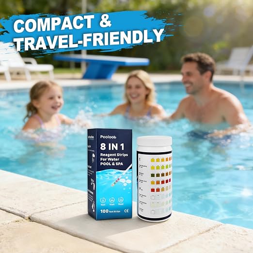 Pooloob 8-in-1 Pool and Spa Test Strips, 100 Count Water Testing Kit for Saltwater & Chlorine Pools - Tests pH, Salt, Free Chlorine, Bromine, Alkalinity, Hardness, Cyanuric Acid & Total Chlorine