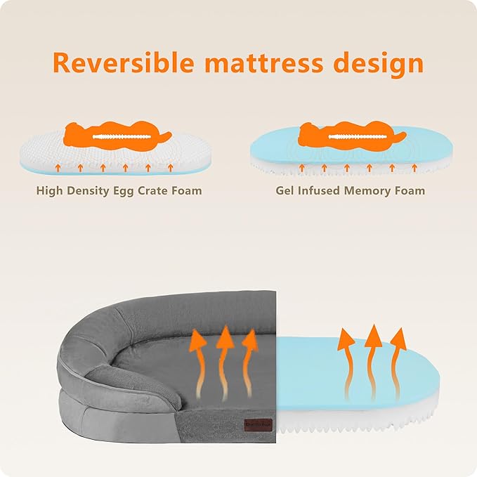 Dwanton Orthopedic Dog Bed for Medium Dogs with Gel Memory Foam, Waterproof Dog Sofa, Washable Pet Bed with Four Sided Bolster Cushion, Removable Cover & Non-Slip Bottom, 36", Medium Gray