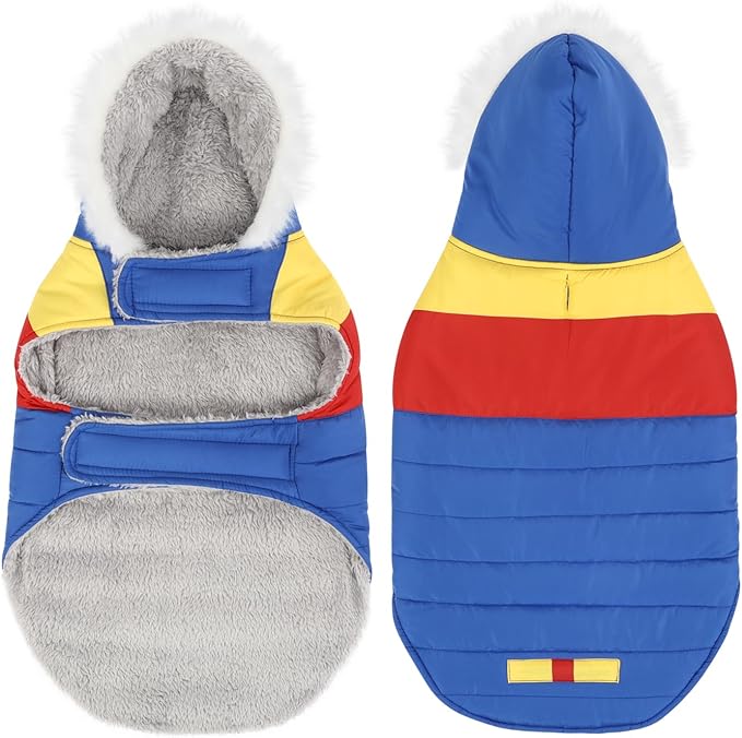 HDE Dog Puffer Jacket Fleece Lined Warm Dog Parka Winter Coat with Harness Hole 90s Colorblock - S