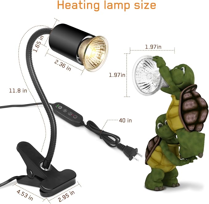Timed Reptile Heat Lamp with Clamp, Adjustable UVA/UVB Basking Light, 360° Rotatable Clip and Power Adapter for Aquarium (Bulb Included)