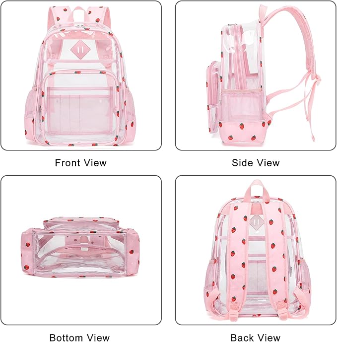 Clear Backpack for Girls Women School Bookbag Heavy Duty Transparent Backpacks (Pink Corduroy Strawberry)