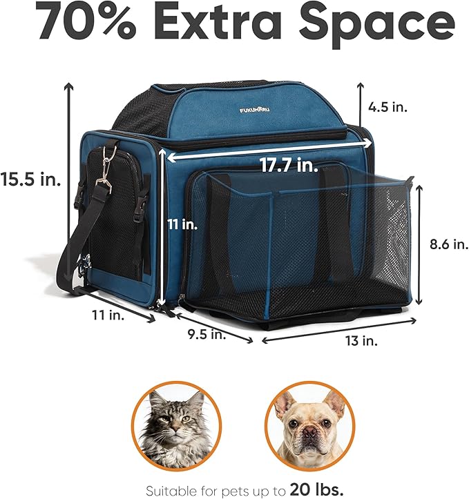 FUKUMARU Expandable Pet Carrier for Cat, 18x11x11 Large Cat Carrier Soft, Collapsible Airline Approved Dog Carrier, Ventilate Cat Travel Carrier with Durable Mesh, Escape-Proof Small Dog Carrier, Blue