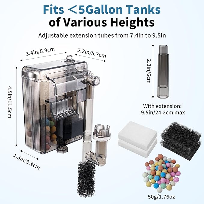 Small Fish Tank Filter for 3-5 Gallon Aquarium, USB Powered Quiet Hang On Back Filter with Upgraded 3-Stage Filtration System (Sponge & Quartz Balls), Adjustable Flow & Extra Media Set Included