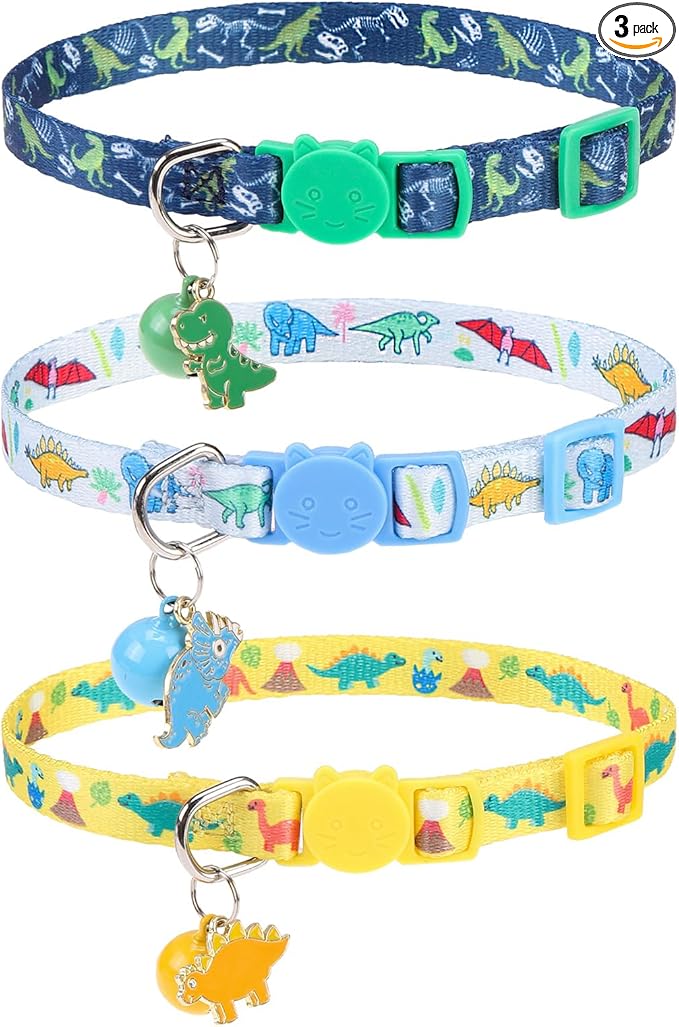 Breakaway Cat Collars with Bell & Cute Pendants, 3 Pack Safety Buckle Kitten Collars, Adjustable Pet Collar Ideal for Girl Boy Cats Puppy (Style A - Dinosaur)