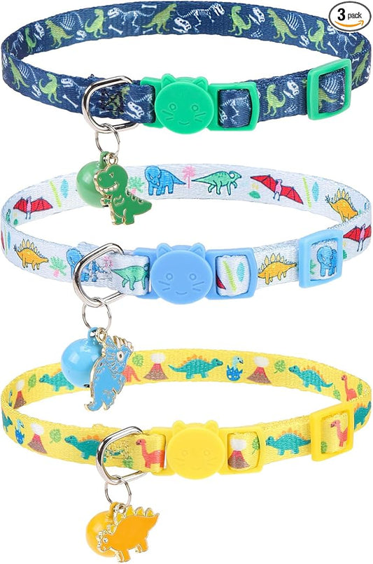 Breakaway Cat Collars with Bell & Cute Pendants, 3 Pack Safety Buckle Kitten Collars, Adjustable Pet Collar Ideal for Girl Boy Cats Puppy (Style A - Dinosaur)