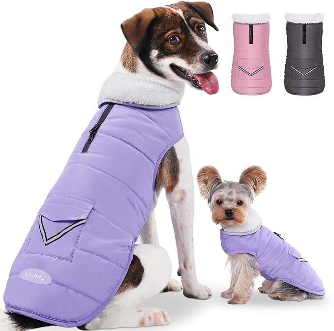iBuddy Dog Winter Coat for Large Dogs, Easy on Dog Snow Fleece Coat Velcro Waterproof Pet Puffer Clothes with Harness Hole Adjustable Reflective Quilted Pet Cold Weather Vest Wind-poof for Girl Female