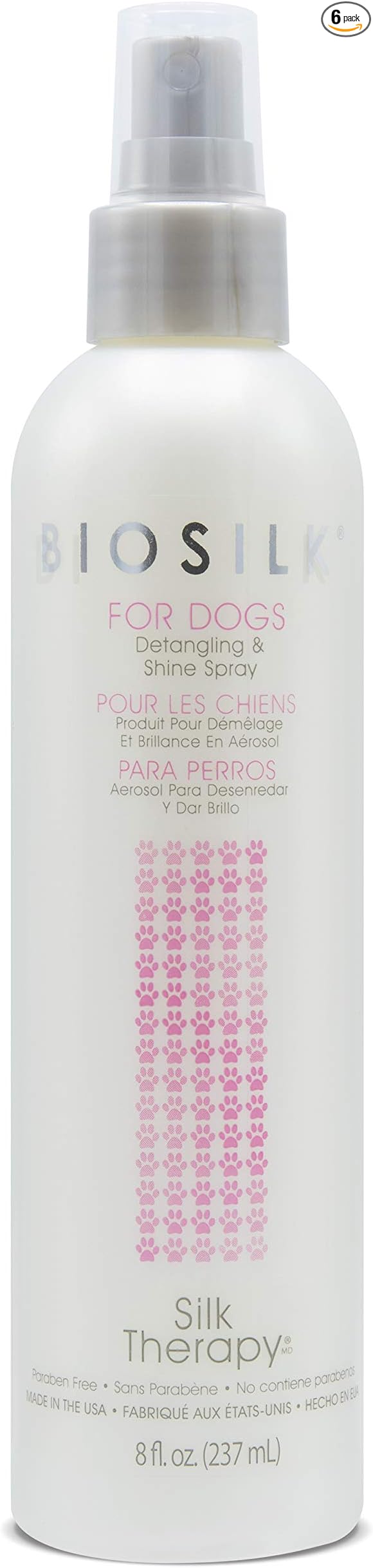 BioSilk for Dogs Silk Therapy Detangling and Shine Protecting Spray, pH Balanced Leave-in Mist with Silk and Vitamins for Dematting, Paraben-Free, All Coats and Breeds, 8 Fl Oz - 6 Pack