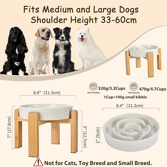 Elevated Slow Feeder Dog Bowl Large Breed, 8.4 Inch Ceramic Slow Eating Bowl with Bamboo Stand, Anti-Choking Raised Maze Design for Medium to Large Dogs, 3.2 Cup, Milky White