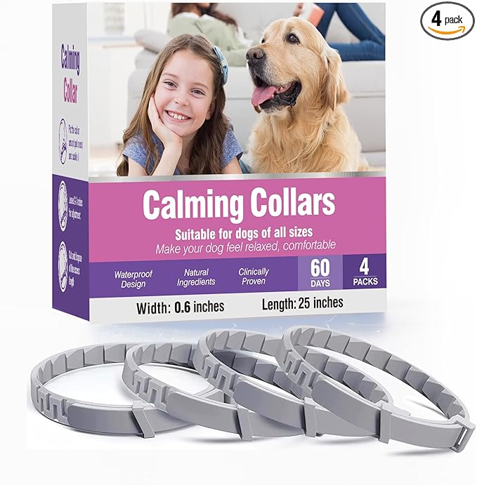 Calming Collar for Dogs 4 Packs Dog Pheromone Calm Collars Relief Anxiety Stress Separation Lasts 60 Days Relieve Bad Behavior 25 Inches Size Flexible Adjustable for All Small Medium and Large Dog