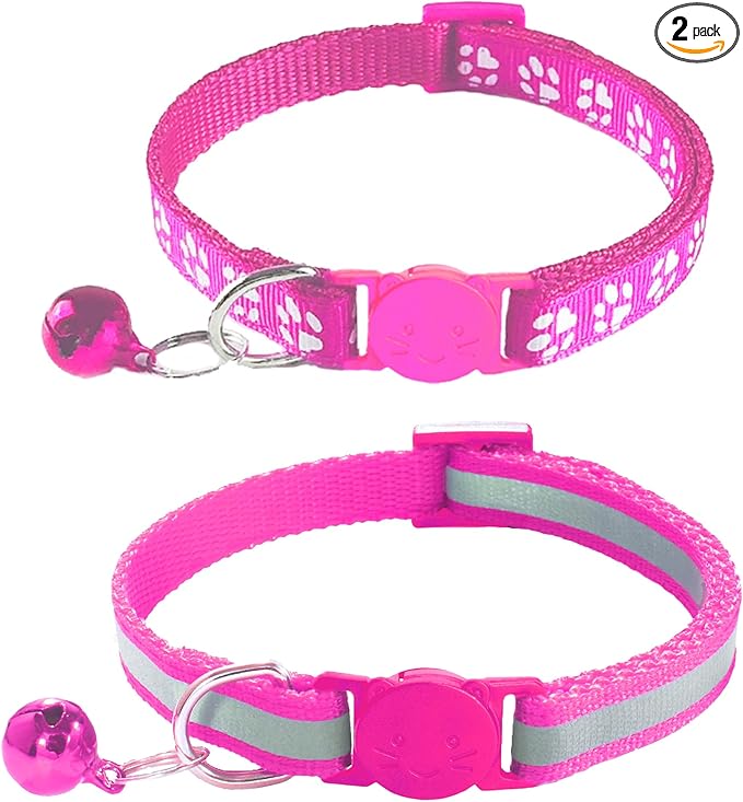 2 Pack Breakaway Cat Collars with Bells, Reflective Design and Claw Print Design, Safety Buckle, Adjustable 7.5-12.5 Inches for Kittens & Cats (Rose)