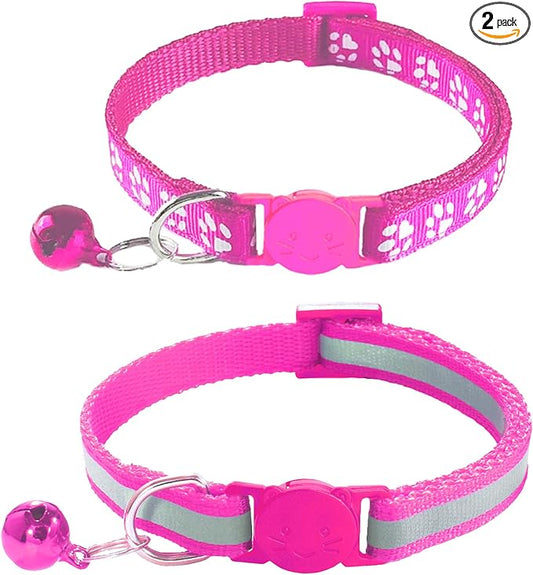 2 Pack Breakaway Cat Collars with Bells, Reflective Design and Claw Print Design, Safety Buckle, Adjustable 7.5-12.5 Inches for Kittens & Cats (Rose)