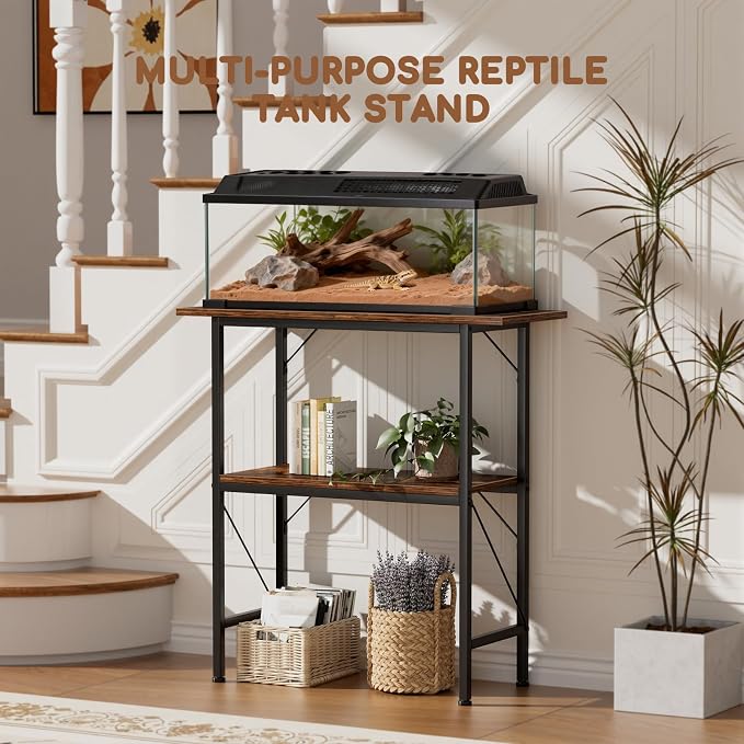 10-30 Gallon Fish Tank Stand with Storage Shelves, 2-Tier Aquarium Stand with Metal Frame, Heavy Duty Reptile Turtle Tank Stand for Home Office, 30" L x 11.8" W x 30.5" H, Rustic Brown