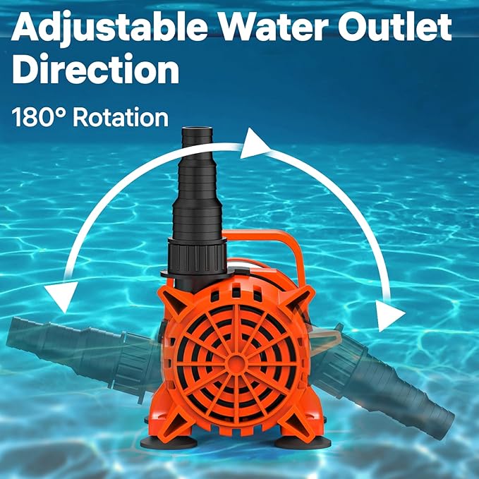 DOKO 1800GPH Submersible Water Pump, 180° Ajustable Pond Pump with 20FT Power Cord 100W Ultra Quiet Pond Pump for Outdoor, Fountain, Waterfall, Fish Tank, Hydroponic, Statuary, Orange Black