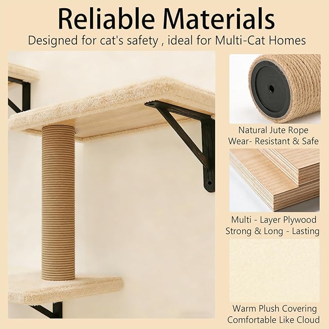 Cat Wall Shelves, 10-Piece Complete Cat Wall Furniture System with Perches and Scratching Posts, Stable Floating Climbing Set for Large Indoor Cats, Space Saving Kitty Furniture - Beige