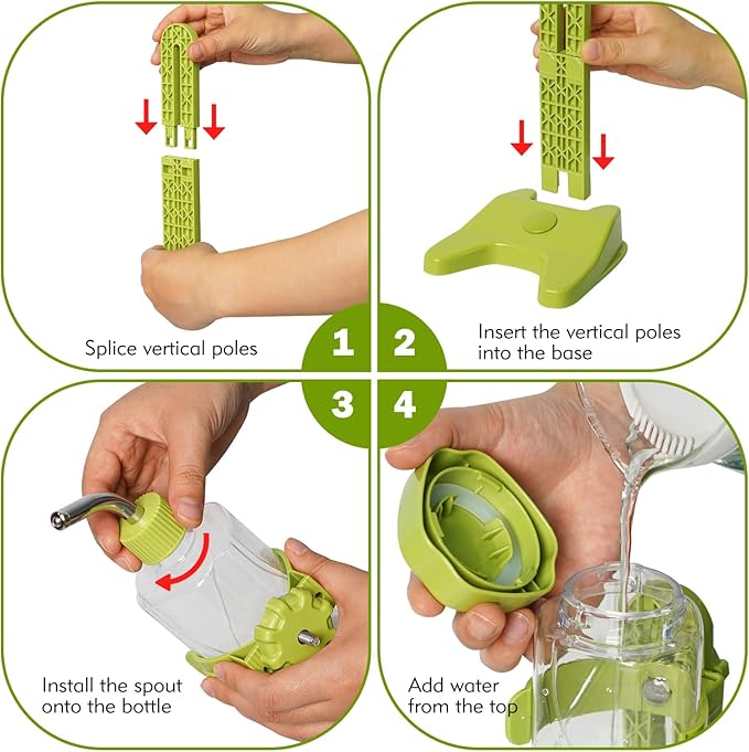 VANNON Pet Standing Water Dispenser Top Fill Dog Water Bottle Dispenser with Stand Leakproof Pet Slow Water Bottle for Small Animals, 13oz, BPA Free, Adjustable Height, Green