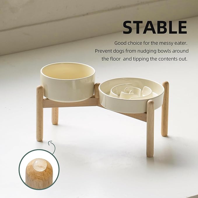 Havniva Ceramic 1.2 Cup Raised Slow Feeder Dog Bowl Set, Elevated 6.1inch Bowl and 7.3inch Puzzle Slow Food Dish with Wooden Stand for Medium and Small Dog, Anti-Gulping (2 xLight Yellow+ Stand)