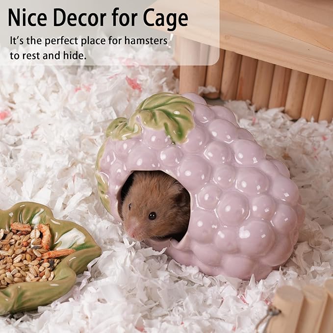Ceramic Hamster Hideout,Grape Dwarf Hamster House,Guinea Pig Habitat Decor, Hideaway House for Gerbil, Cool Bed for All Season
