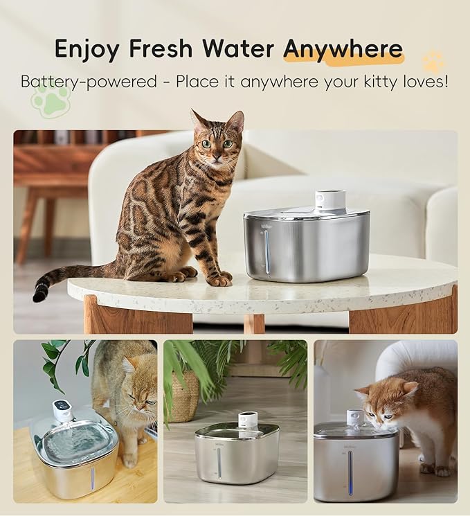 Cat Water Fountain Stainless Steel, 138fl.oz / 4.1L Cat Fountain, Pet Water Dispenser Cordless for Cats & Dogs Indoor