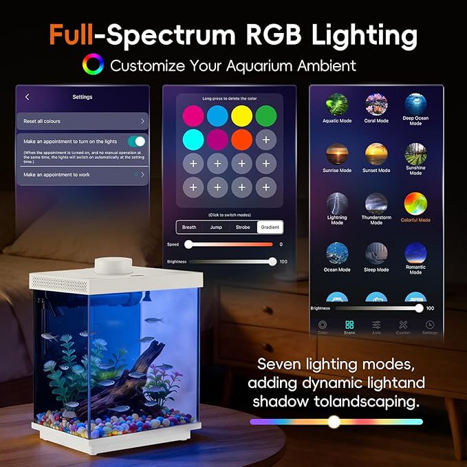 Smart 3.5 Gallon Glass Fish Tank, Aquarium Kit with APP Control and Auto Feeder, Temperature Display, RGB Color Light 3-in-1 Quiet Pump with Filter for Home, Office Corner