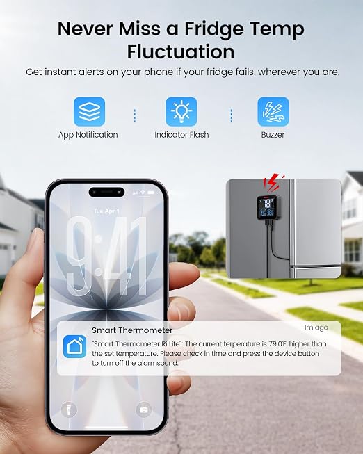 WiFi Refrigerator Thermometer, Freezer Alarm with LCD Display | Digital fridge monitor with app alerts & buzzer & indicator alarm, anti-false for kitchen, fish tank and hot tub, 2.4G Wi-Fi
