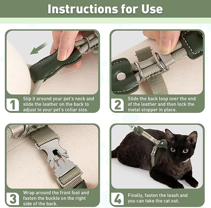 ETIAL Premium Adjustable Escape-Proof Cat Harness & Leash Set with Leather Sliding Back, 4.3ft Nylon Rope, Cross-Strap, Heavy-Duty Buckles for Secure Walking (Olive Green, Back Length 3.5”-4.7”)