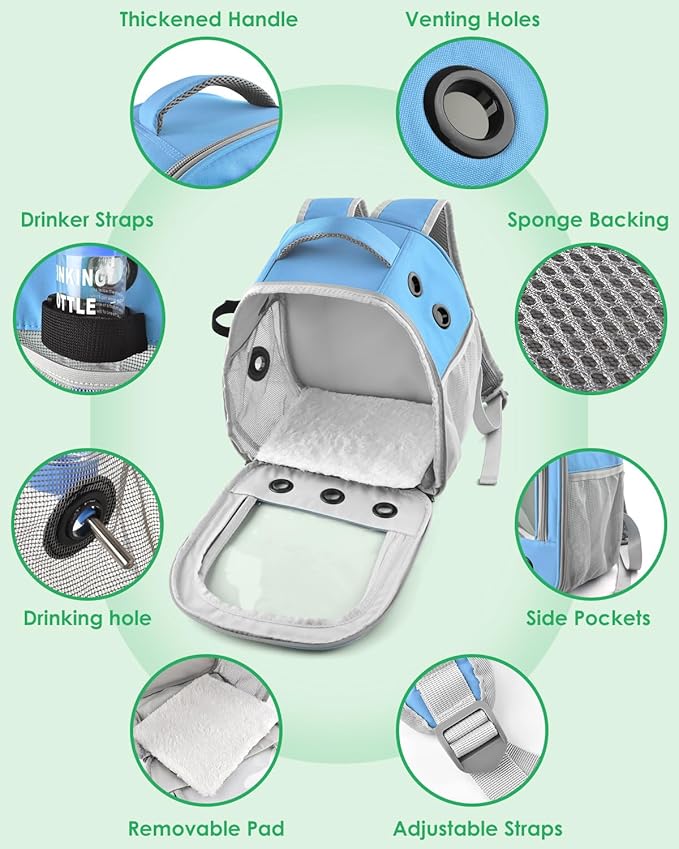 DBNESS Guinea Pig Carrier Backpack, Portable Rabbit Travel Carring Bag for Pet Bunny Chinchilla Bearded Dragon Hamster Parrot Outgoing Pouch Case with Water Bottle Holder & Detachable Pad (Sky Blue)