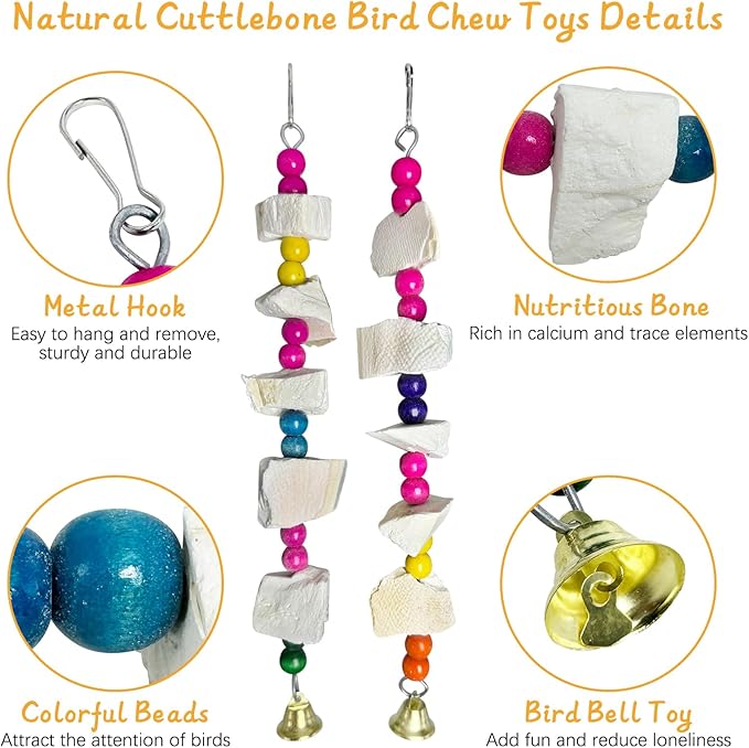Hamiledyi 2 Pack Bird Toys with Five Cuttlebone - Natural Calcium Chew Toy for Beak Grinding, Hanging Wooden Cage Accessories for Parakeets, Budgies, Cockatiels, Lovebirds(Style A)