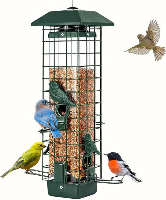 Gbekery Squirrel Proof Bird Feeder, Metal Mesh Feeders for Outdoors Hanging, Gravity Protection Wild Bird Feeders for Finch Chickadee, Weather Resistant, 3LB Large Capacity, Green