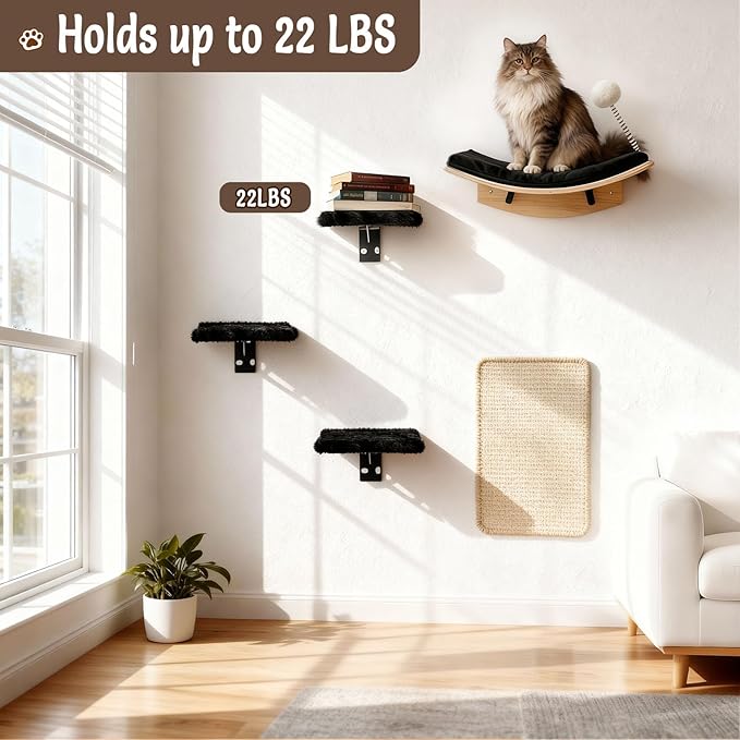 5 in 1 Cat Furniture Set with Soft Curved Pad，Modern Space-Saving Wall Mounted Shelves for Play & Rest