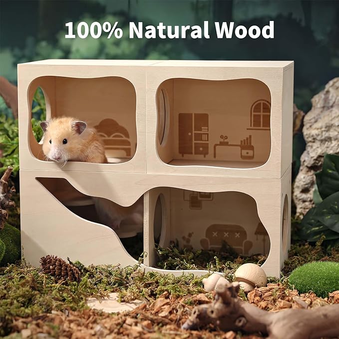 Marchul Hamster Hideout Wooden House Chamber Small Animals Pets Tunnel Exploring Toys for Dwarf Hamsters, Syrian Hamsters, Gerbils, Hedgehogs, Rats, Mice (Study Room)