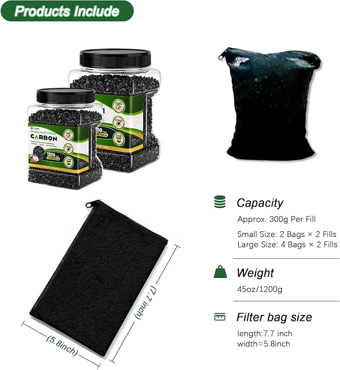 FZONE Activated Charcoal, Premium Natural Coconut Shell Activated Carbon for Freshwater and Saltwater, Aquarium Filter Media, Activated Charcoal Bulk (2.8lb with Fine Mesh Bag)