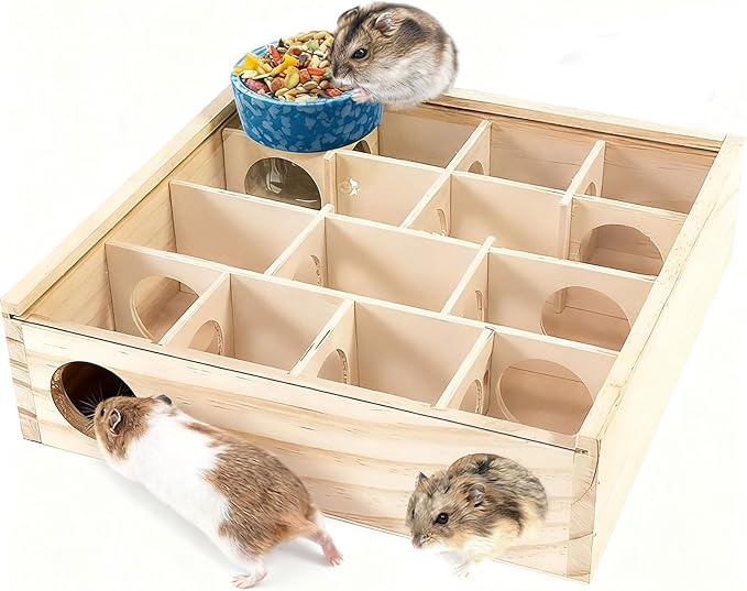 kathson Wooden Hamster Maze House with Transparent Cover,Multi-Chamber Syrian Hamster Hideout Hut,Gerbil Tunnel Exploring Toys Maze Hiding for Dwarf Hamsters,Mice,Small Animals