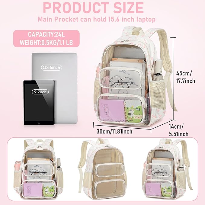 CAMTOP Clear Backpack Heavy Duty Transparent Bag See Through BookBag for Student School Work Festival Sport Travel (Pink Bow)