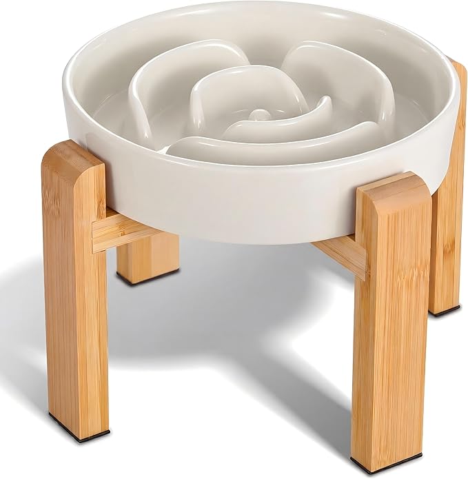 Elevated Slow Feeder Dog Bowl Large Breed, 8.4 Inch Ceramic Slow Eating Bowl with Bamboo Stand, Anti-Choking Raised Maze Design for Medium to Large Dogs, 3.2 Cup, Milky White