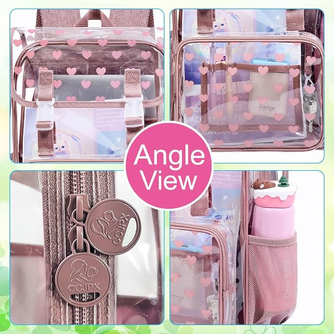 17" Love Heart Clear Backpack for Girls - 3Pcs Flip Design Stadium Approved Set, Campus/School Transparent Bookbag (Pink)