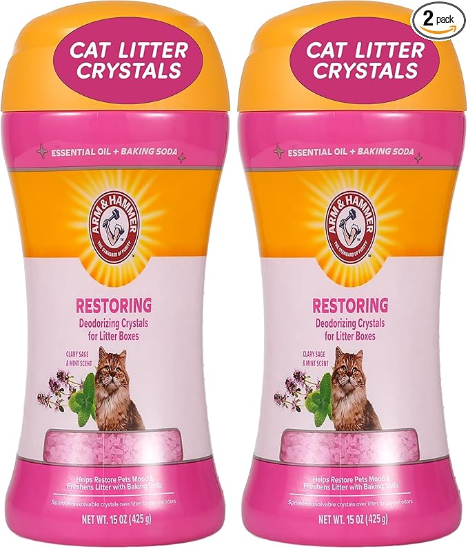 Arm & Hammer Restoring Cat Litter Box Deodorizing Crystals, Litter Deodorizer Additive to Help Absorb Odors and Restore Freshness Between Changes, Clary Sage & Mint Scent, 15 Oz - 2 Pack