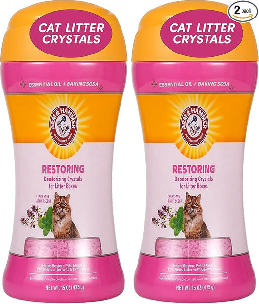 Arm & Hammer Restoring Cat Litter Box Deodorizing Crystals, Litter Deodorizer Additive to Help Absorb Odors and Restore Freshness Between Changes, Clary Sage & Mint Scent, 15 Oz - 2 Pack