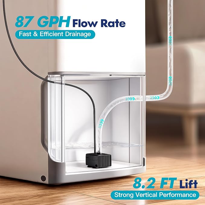 Automatic Mini Sump Pump for Dehumidifier with Level Sensor to Remove Water | 100–240V, Max. 87 GPH, 8.2 FT Max Lift, Submersible Water Pump for AC Drain Pans, Float Switch Alternative with Auto Shut-Off